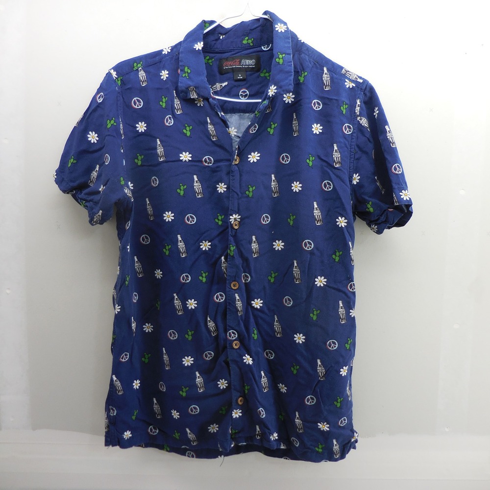 Aeropostale Coca-Cola Mens Small Blue Viscose Button Down Peace Cactus Shirt